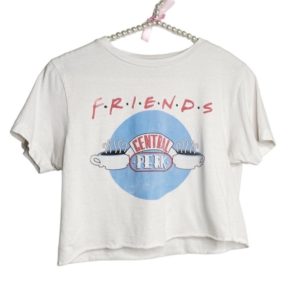Friends Central Perk Raw Edge Short Sleeve Crop Top White & Blue XS